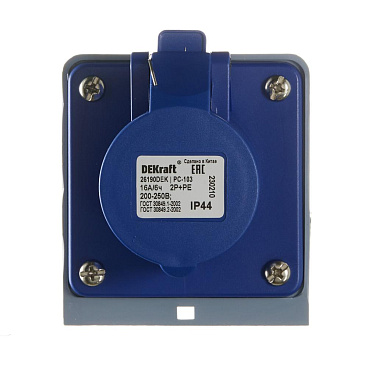 Розетка силовая угловая настенная Dekraft РС-103 с заземлением 2P+PE 1 фаза 16 А 220 В IP44 синяя (26190DEK)