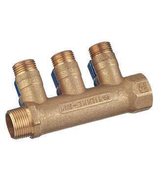 Коллектор Tiemme 3/4 ВР(г) х 3 выхода 1/2 НР(ш) ЕК х 3/4 НР(ш) с шаровыми кранами (1820035/1820001)