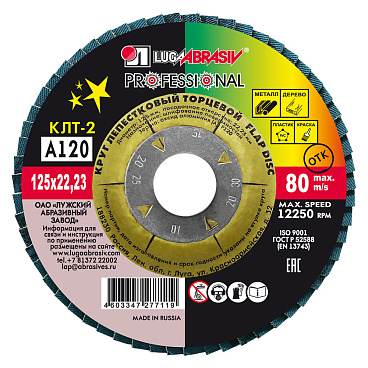Круг лепестковый по металлу/древесине Луга Professional 125х22,2 мм P120 торцевой