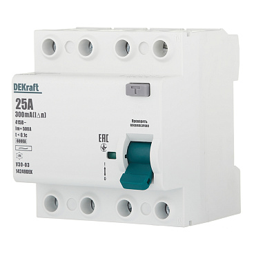 УЗО Dekraft УЗО-03 25А 3P+N тип AC 300 мА 6 кА компактное (14249DEK)