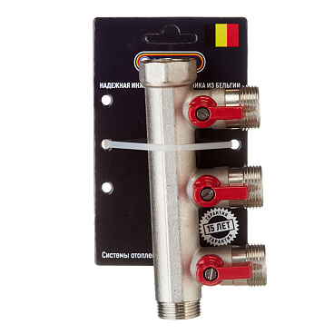 Коллектор Henco 3/4 ВР(г) х 3 выхода 3/4 НР(ш) ЕК х 3/4 НР(ш) с шаровыми кранами (VB050503-ROOD)