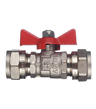 Кран шаровой латунный Valtec 16 обж(ц) х 16 обж(ц) для металлопластиковых труб бабочка прямой (VT.343.N.1616)