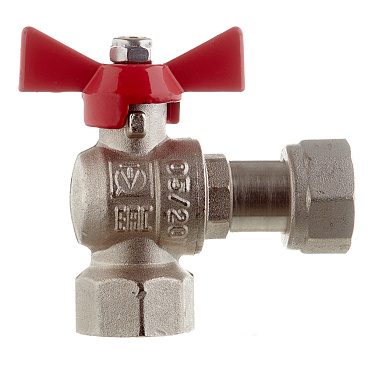 Кран шаровой латунный Valtec Base 1/2 ВР(г) х 1/2 ВР(г) бабочка с накидной гайкой угловой (VT.266.N.0404)