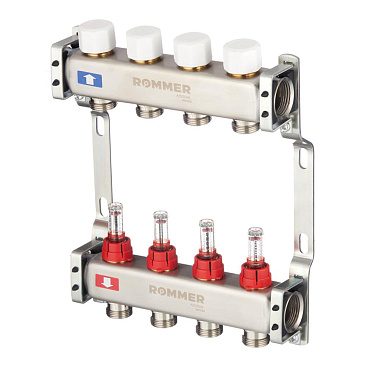 Коллекторная группа с расходомерами Rommer 1 ВР(г) х 4 выхода 3/4 НР(ш) ЕК х 1 ВР(г)