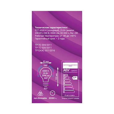 Лампа светодиодная Rev Ritter E27 6500К 25 Вт 2000 Лм 180-240 В груша A60 матовая