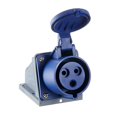 Розетка силовая угловая настенная Dekraft РС-103 с заземлением 2P+PE 1 фаза 32 А 220 В IP44 синяя (26191DEK)