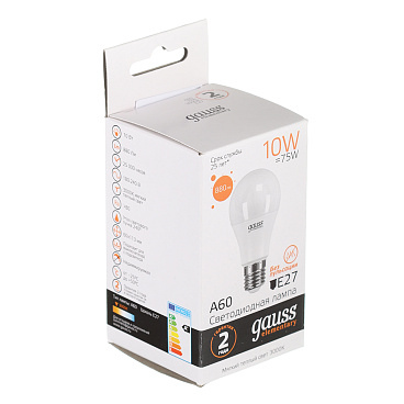 Лампа светодиодная Gauss E27 3000К 10 Вт 880 Лм 180-240 В груша A60 матовая