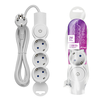 Удлинитель Düwi 3 розетки 2 м ПВС 3х0,75 кв.мм 10 А 2,2 кВт с кнопкой белый (32007 6)