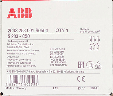 Автоматический выключатель модульный ABB S203 3P 50А тип C 6 кА 400 В (2CDS253001R0504)