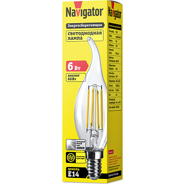 Лампа светодиодная филаментная Navigator E14  4000К 6 Вт 660 Лм 220-240 В свеча на ветру прозрачная