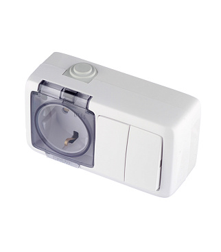 Блок выключатель и розетка Hegel Alfa двухклавишный накладной белый со шторками (БА 16-222)