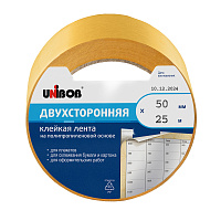 Лента клейкая Unibob двусторонняя на полипропиленовой основе желтая 50 мм 25 м