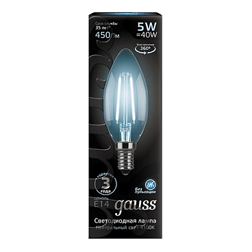 Лампа светодиодная филаментная Gauss E14  4100К 5 Вт 450 Лм 150-265 В свеча прозрачная (10 шт.)