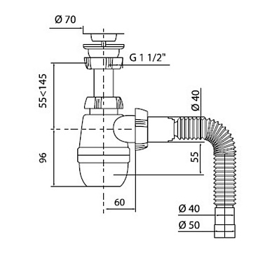 Сифон для раковины и мойки Wirquin Pro 1 1/2х40 мм с выпуском d70 мм с соединением 40/50 мм (30718026)