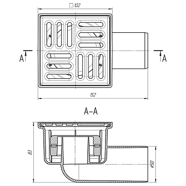 Трап душевой горизонтальный АНИ пласт с сухим затвором 100х100 мм d50 мм решетка из нержавеющей стали (TQ5102)