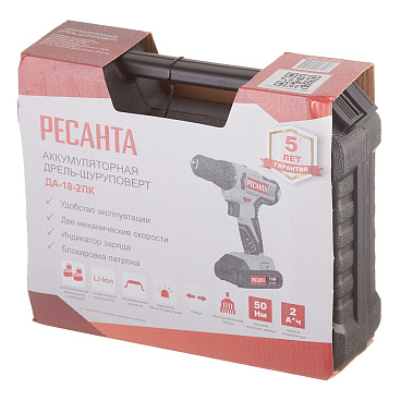 Дрель-шуруповерт аккумуляторная Ресанта ДА-18-2ЛК 18 В 2 Ач Li-Ion 2 АКБ и ЗУ (75/14/5)