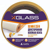 Лента клейкая X-Glass двусторонняя на тканевой основе белая 50 мм 25 м