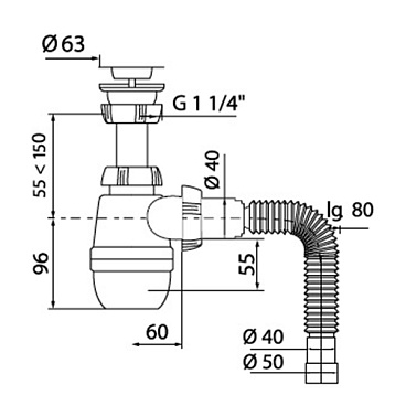 Сифон для раковины Wirquin Pro 1 1/4х40 мм с выпуском d63 мм с соединением 40/50 мм (30718050)