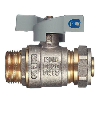 Кран шаровой латунный 20 обж(ц) х 3/4 НР(ш) для металлопластиковых труб бабочка прямой