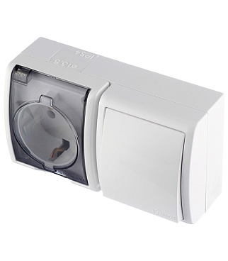 Блок выключатель и розетка Simon 15 Aqua одноклавишный накладной белый (1594511-030)