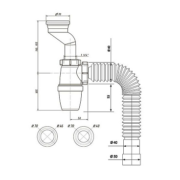 Сифон для писсуара Wirquin 1 1/4х40 мм с выпуском d40/46 мм с соединением 40/50 мм (30987106)