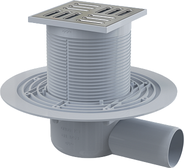 Сливной трап 105 × 105/50, подводка – боковая, решетка – нержавеющая сталь, гидрозатвор – комбиниров