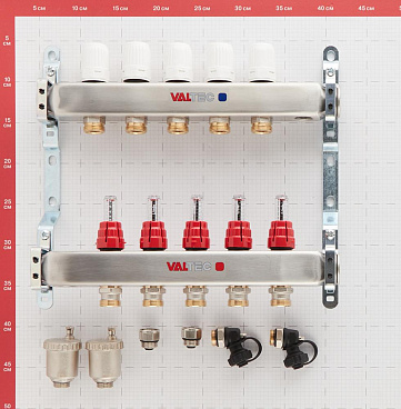 Коллекторная группа с расходомерами нержавеющая сталь Valtec 1 ВР(г) х 5 выходов 3/4 НР(ш) ЕК х 1 ВР(г)