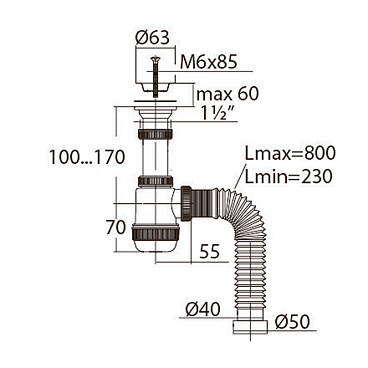 Сифон для раковины и мойки Wirquin Virplast 1 1/2х40 мм с выпуском d63 мм с соединением 40/50 мм (30986780)