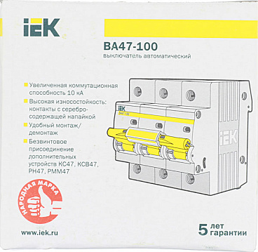 Автоматический выключатель модульный IEK Karat ВА 47-100 3P 100А тип C 10 кА 400 В (MVA40-3-100-C)