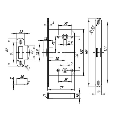 Замок врезной Fuaro Plastic P96WC-50 для межкомнатной двери под фиксатор черный