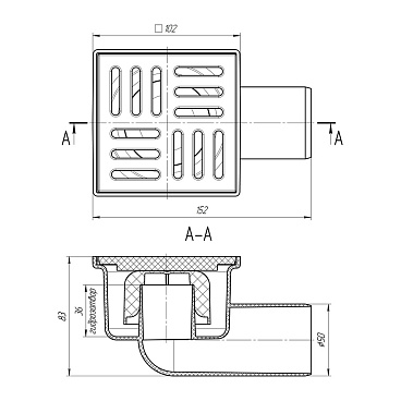 Трап душевой горизонтальный АНИ пласт с гидрозатвором 100х100 мм d50 мм пластиковая решетка (TA5104)