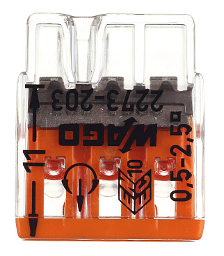 Клемма на 3 провода Wago 0,5-2,5 кв.мм самозажимная без пасты (100 шт.) (2273-203/2666)