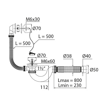 Сифон для ванны Virplast 1 1/2х40 мм с выпуском d70 мм с соединением 40/50 мм (30980654)