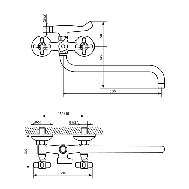 Смеситель для ванны Lavelly Simple хром двухвентильный с длинным изливом с лейкой (672192)