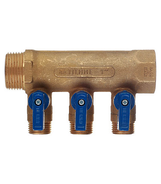 Коллектор Tiemme 1 ВР(г) х 3 выхода 1/2 НР(ш) ЕК х 1 НР(ш) с шаровыми кранами (1820046/1820005)