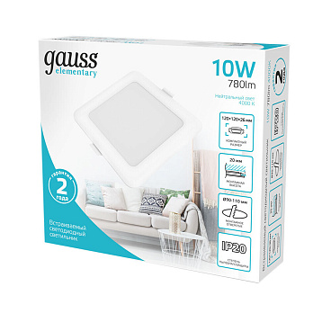 Светильник встраиваемый светодиодный с драйвером белый 10 Вт 4000К IP20 Gauss Elementary Downlight (998420209)