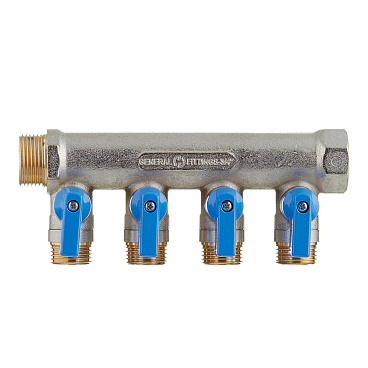 Коллектор Stout 3/4 ВР(г) х 4 выхода 1/2 НР(ш) ЕК х 3/4 НР(ш) с шаровыми кранами (SMB 6211 341204)
