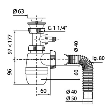 Сифон для раковины Wirquin Pro 1 1/2х40 мм с выпуском d63 мм с соединением 40/50 мм с отводом (30718052)