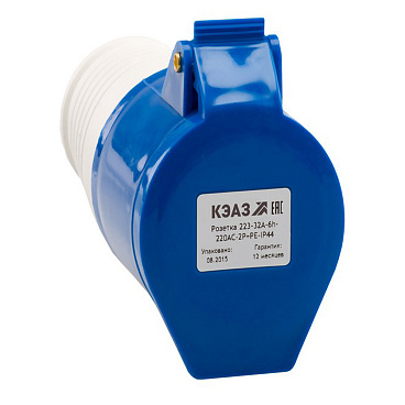 Розетка силовая переносная КЭАЗ с заземлением 2Р+РЕ 16 А 220 В IP44 синяя (222744)