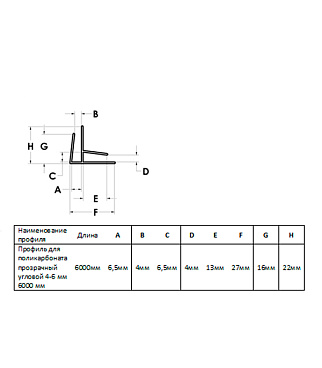 Профиль угловой для поликарбоната 4-6 мм 6 м