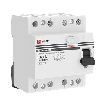 УЗО EKF PROxima ВД-100 63А 3P+N тип AC 300 мА 4,5 кА (elcb-4-63-300-em-pro)