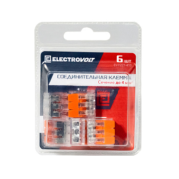 Клемма на 3 провода Electrovolt 221-413 0,2-4 кв.мм с рычажками без пасты (6 шт.) (ЦБ-00015530/604903)