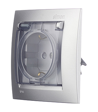 Розетка Simon 15 встраиваемая алюминий со шторками с крышкой (1590450-033)