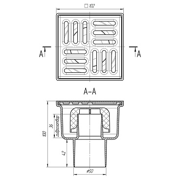 Трап душевой вертикальный АНИ пласт с гидрозатвором 100х100 мм d50 мм решетка из нержавеющей стали (TA5202)