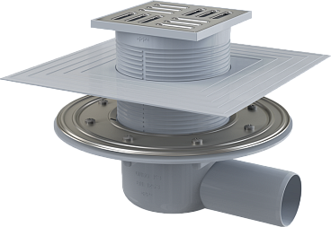 Сливной трап 105 × 105/50, подводка – боковая, решетка – нерж, арт. APV1324