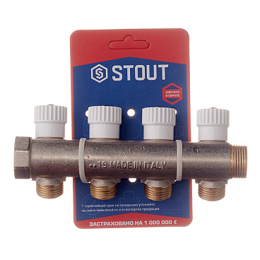 Коллектор Stout 3/4 ВР(г) х 4 выхода 1/2 НР(ш) х 3/4 НР(ш) регулируемый (SMB 6851 341204)