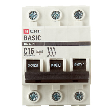 Автоматический выключатель модульный EKF Basic ВА 47-29 3P 16А тип C 4,5 кА 400 В (mcb4729-3-16C)
