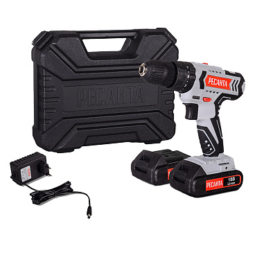 Дрель-шуруповерт ударная аккумуляторная Ресанта ДА-18-2ЛК-У 18 В 2 Ач Li-Ion 2 АКБ и ЗУ (75/14/6)