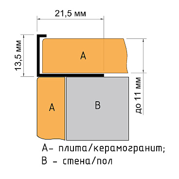 Профиль для плитки до 11 мм окантовочный Г-образный алюминиевый 2700х21х13,5 мм