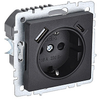 Розетка IEK Brite встраиваемая черная с заземлением со шторками USB-A/ Type-C (BR-R14-16-U22-018-K02)